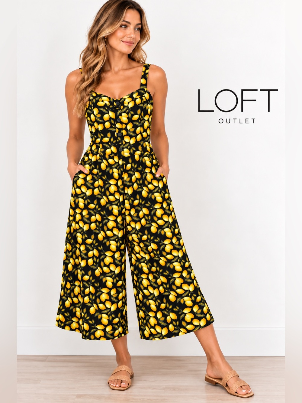 LOFT Lemon Print Wide-Leg Jumpsuit Black Yellow Size S